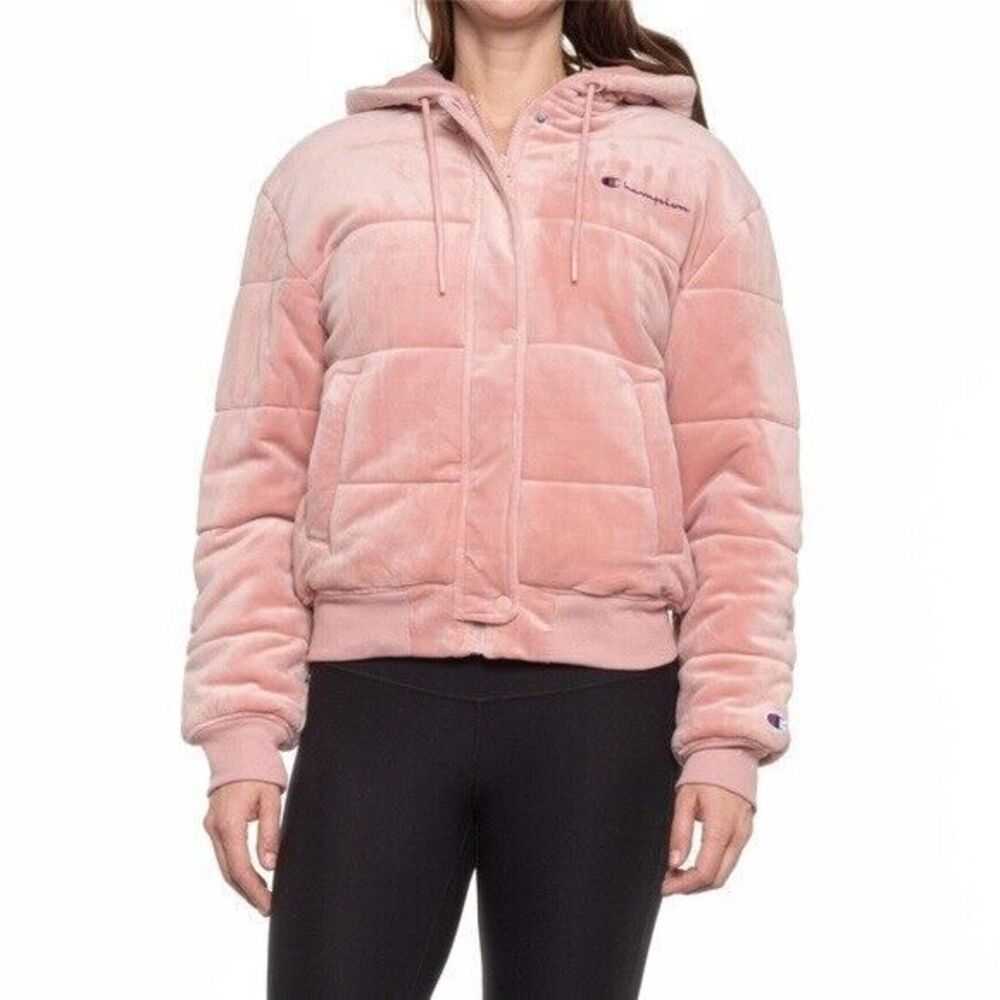 CHAMPION Pink Beige Velour Puffer Jacket - S - Picture 2 of 9